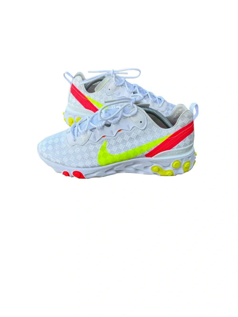 Nike Men’s React Element 55 Checkered White Volt Crimson Sneakers Size 9